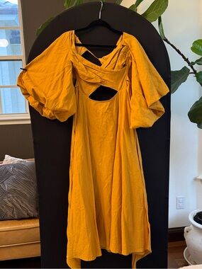 ASOS Mustard Yellow Midi Dress with Puff Sleeves and Front Cutout